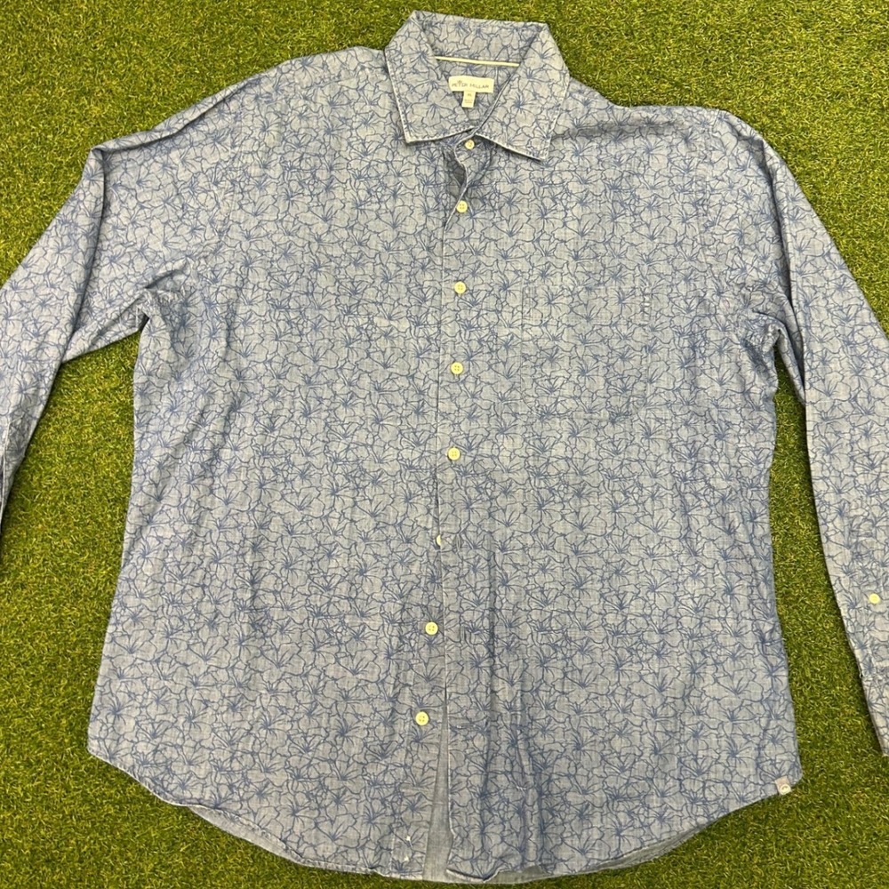 Peter Millar Mens Blue Floral Linen Cotton Long Sleeve Button‎ Down Shirt XL